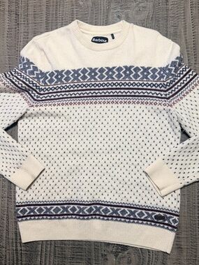 Barbour Cream Fair Isle Crewneck Sweater with Blue and Burgundy Accents